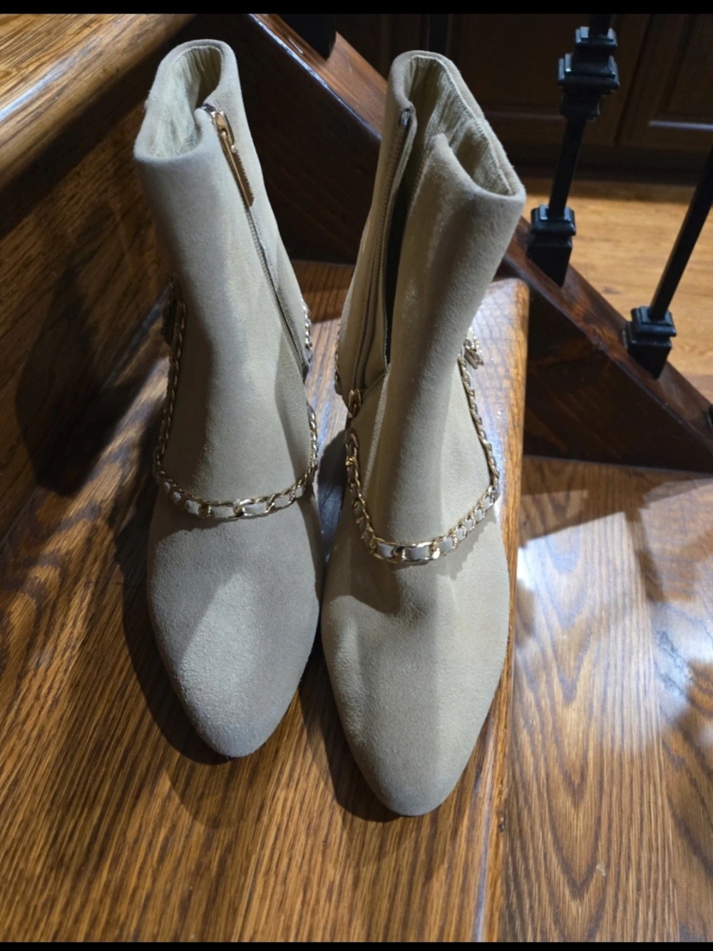Karl Lagerfeld Taupe Suede Ankle Boots with Gold Chain Trim - Picture 4 of 6